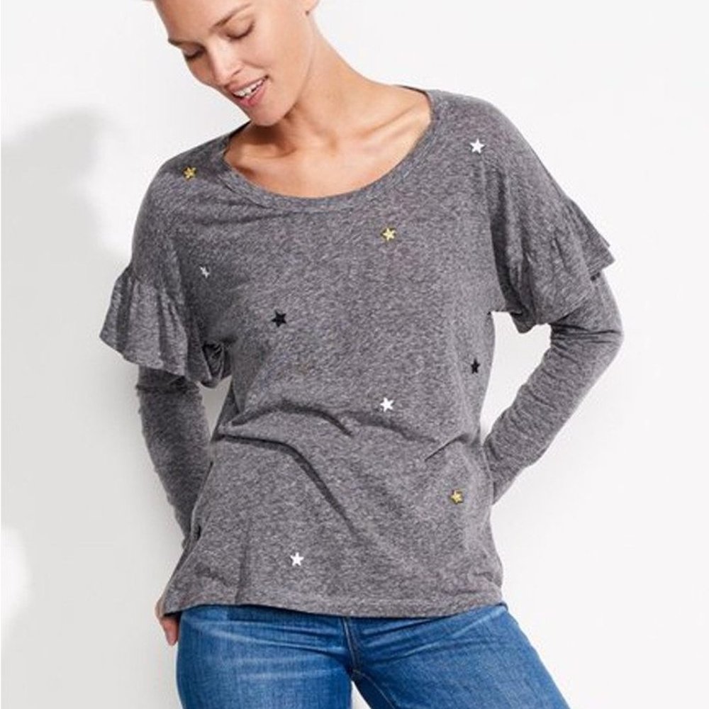 Sundry Heather Grey Star Long Sleeve Ruffle Top